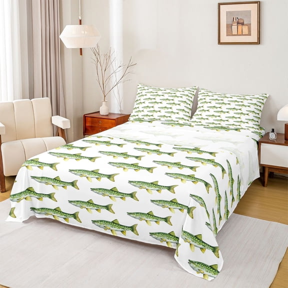 Feelyou Green Spotted Pike Fish Bed Sheets for Boys Girls, Simple Ocean Wildlife King Sheets, Green White, 4pcs