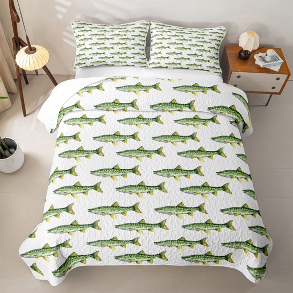 Feelyou Green Spotted Pike Fish Quilt Full for Boys Girls, Simple Ocean Wildlife Full Bedspread Sets, Green White, 3pcs