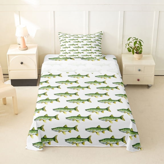 Feelyou Green Spotted Pike Fish Twin Sheet Sets for Boys Girls, Simple Ocean Wildlife Bedding, Green White, 3pcs