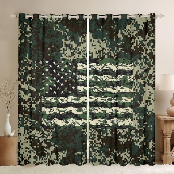 Feelyou Green Square Camo Black Out Curtains, US Flag Curtains Pack of 2 (42x63 Each)
