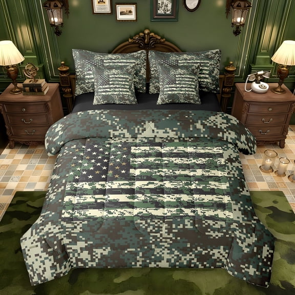 Feelyou Green Square Camo Twin Bedding Sets 7-Piece, Vintage US Flag Bedding Comforter Set