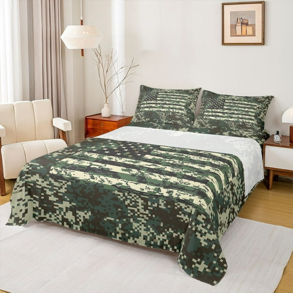 Feelyou Green Square Camo Twin Sheet Sets, Vintage US Flag Teen Bedding, 3pcs