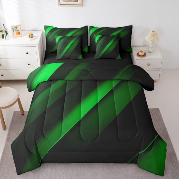 Feelyou Green Striped Geometric Bedding Comforter Set 7pcs, Futuristic Abstract Queen Bedding Sets, Teen Child Kid Adult Reversible Queen Sheet Sets, Lightweight Room Decor