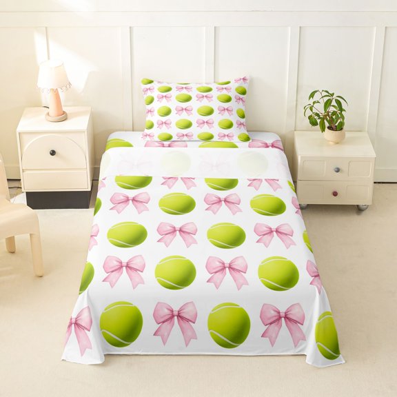 Feelyou Green Tennis Bow Twin Sheets for Girls, Pink Cartoon Butterfly Tie Bedding, 3-Piece, 1 Flat Sheet, 1 Fitted Sheet and 1 Pillowcase