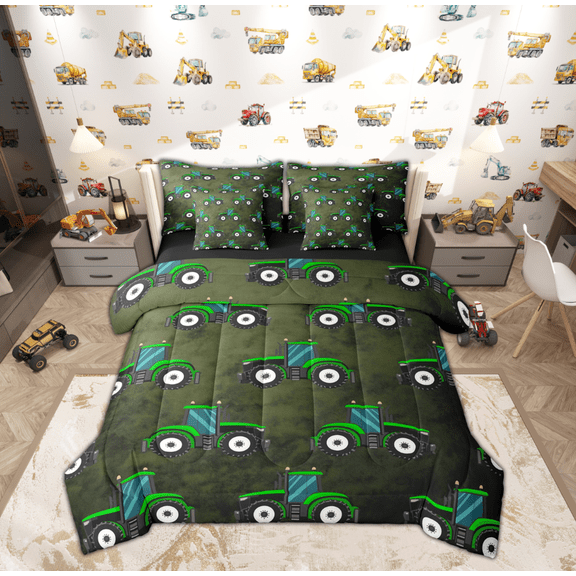 Feelyou Green Tractor Child Bedding Comforter Set 7 Pieces, Cartoon Vehicle Print Full Bedding Set, Rustic Excavator Reversible Fitted Sheet Flat Sheet, Super Cozy Room Decor