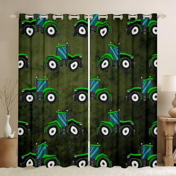 Feelyou Green Tractor Child Blackout Curtains Set of 2 (52x84 Each), Cartoon Vehicle Print Window Curtains, Rustic Excavator Curtains and Drapes, Curtains and Drapes Room Decor