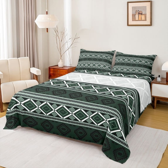 Feelyou Green Triangle Aztec Full Size Sheets, Boho Rustic Farmhouse Bed Sheets, Modern Western Fashion Sheet Sets, Breathable Home Decor, 4-Piece
