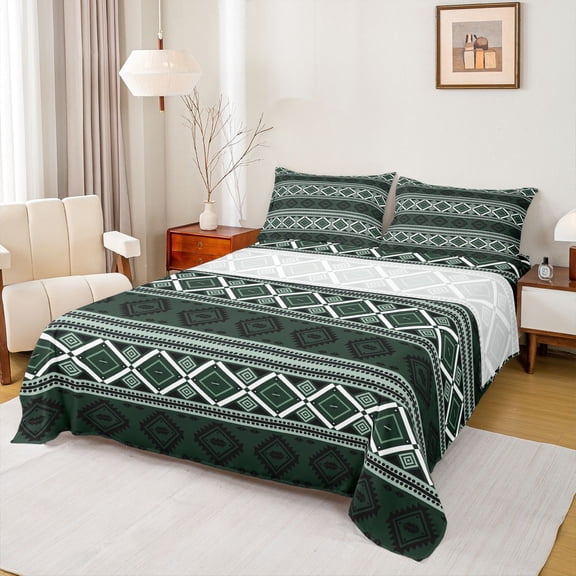 Feelyou Green Triangle Aztec Full Size Sheets, Boho Rustic Farmhouse Bed Sheets, Modern Western Fashion Sheet Sets, Breathable Home Decor, 4-Piece