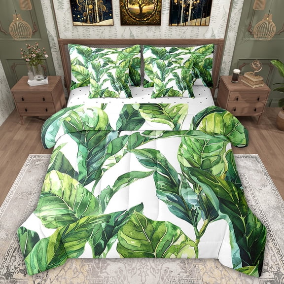 Feelyou Green Tropic Leaves Bedding Comforter Set 7 Pieces, Watercolor Plant Full Bedding Set, Summer Botanical Theme Reversible Fitted Sheet Flat Sheet, Ultra Soft Bedroom Decor