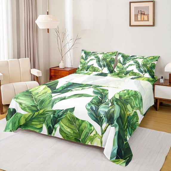 Feelyou Green Tropic Leaves Full Size Sheets, Watercolor Plant Bed Sheets, Summer Botanical Theme Sheet Sets, Ultra Soft Bedroom Decor, 4-Piece