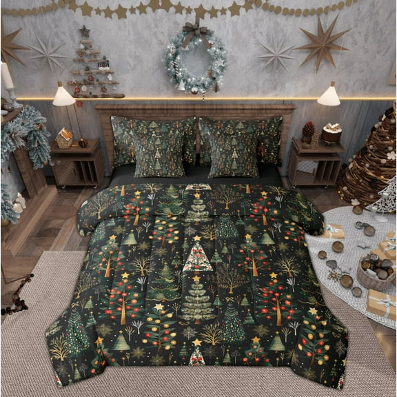 Feelyou Green Xmas Tree Bedding Comforter Set 7pcs, Merry Christmas King Bedding Sets, Princess Fairy Tale Reversible Bed Sheets, Breathable Home Decor, 3-Piece