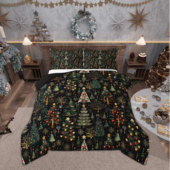Feelyou Green Xmas Tree Full Size Comforter Sets, Merry Christmas Bedding Comforter Set, Princess Fairy Tale Reversible Bedding Sets, Breathable Home Decor, 3-Piece