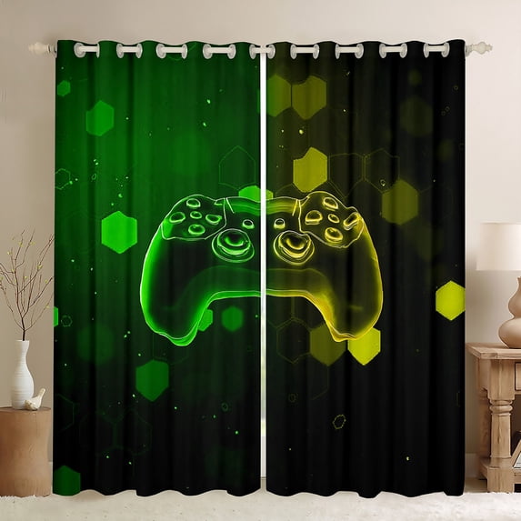Feelyou Green Yellow Gamepad Curtains (2, 52x84), Boys Futuristic Console