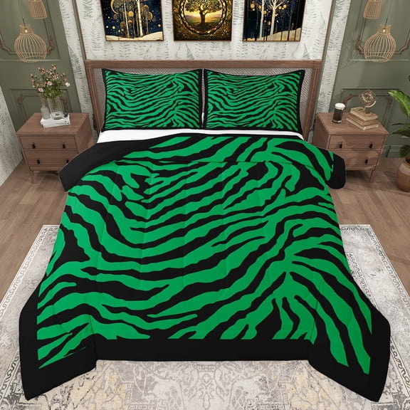 Feelyou Green Zebra Print Bedding Comforter Set for Kids, Modern Fashion Stripes Twin Comforter Sets, Cartoon Wildlife Reversible Bedding Set, Lightweight Room Decor, 2 Pieces