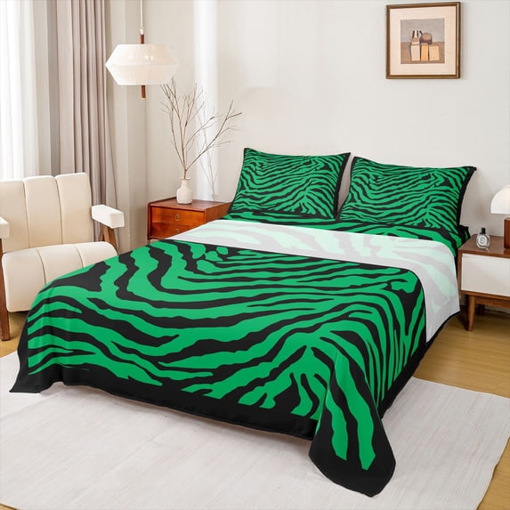 Feelyou Green Zebra Print Queen Sheet Sets for Kids, Modern Fashion Stripes Flat Sheet, Cartoon Wildlife Queen Fitted Sheet, Lightweight Room Decor, 4 Pieces