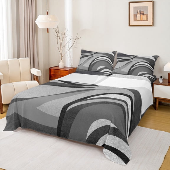 Feelyou Grey Black Abstract Ombre Bed Sheets, Square Circle Geometric King Sheets, Teen Kid Child Adult Sheet Set, Lightweight Room Decor, 4-Piece