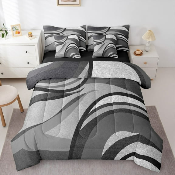 Feelyou Grey Black Abstract Ombre Bedding Comforter Set 7 Pieces, Square Circle Geometric Full Bedding Set, Teen Kid Child Adult Reversible Fitted Sheet Flat Sheet, Lightweight Room Decor