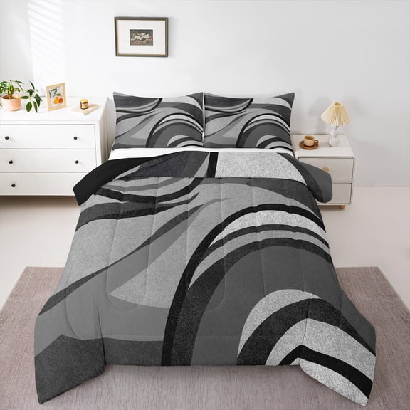 Feelyou Grey Black Abstract Ombre Bedding Comforter Set, Square Circle Geometric Twin Comforter Sets, Teen Kid Child Adult Reversible Bedding Set, Lightweight Room Decor, 2-Piece
