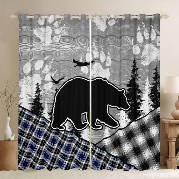 Feelyou Grey Blue Farmhouse Curtains Pack of 2 (42x84 Each), Woodland Wildlife Bear Curtains Blackout, Rustic Hunting Theme Bedroom Curtains, Blackout Curtains Room Decor