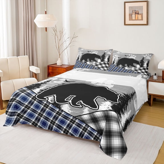 Feelyou Grey Blue Farmhouse Twin Sheet Sets, Woodland Wildlife Bear Twin Fitted Sheet, Rustic Hunting Theme Flat Sheet, Super Cozy Room Decor, 3pcs