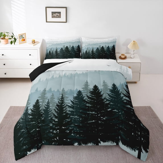 Feelyou Grey Blue Pine Tree Full Size Comforter Sets, Jungle Plant Botanical Bedding Comforter Set, Nature Scenery Print Reversible Bedding Sets, Super Cozy Room Decor, 3 Pieces