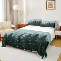 Feelyou Grey Blue Pine Tree Twin Sheet Sets, Jungle Plant Botanical Twin Fitted Sheet, Nature Scenery Print Flat Sheet, Super Cozy Room Decor, 3 Pieces