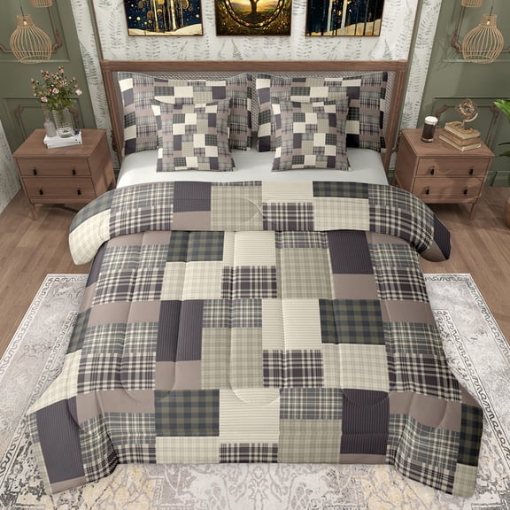 Feelyou Grey Buffalo Square Bedding Comforter Set 7pcs for Men, Patchwork Checkered Queen Bedding Sets, Vintage Fashion Theme Reversible Queen Sheet Sets, Ultra Soft Bedroom Decor