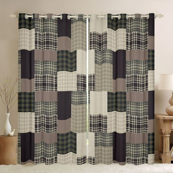 Feelyou Grey Buffalo Square Blackout Curtains Set of 2 (52x84 Each) for Men, Patchwork Checkered Window Curtains, Vintage Fashion Theme Curtains and Drapes, Living Room Curtains Decor
