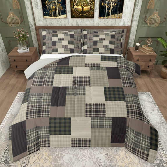 Feelyou Grey Buffalo Square Queen Comforter Set for Men, Patchwork Checkered Bedding Sets, Vintage Fashion Theme Reversible Bedding Comforter Set, Ultra Soft Bedroom Decor, 3-Piece