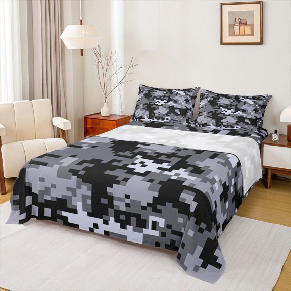Feelyou Grey Camo Abstract Twin Sheet Sets, Pixel Grid Miners Bedding, 3 Pieces