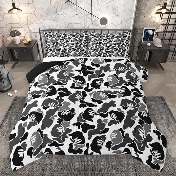 Feelyou Grey Camo Camouflage Bedding Comforter Set, Cartoon Gorilla Print Twin Comforter Sets, Teens Kids Boys Girls Reversible Bedding Set, Breathable Home Decor, 2pcs