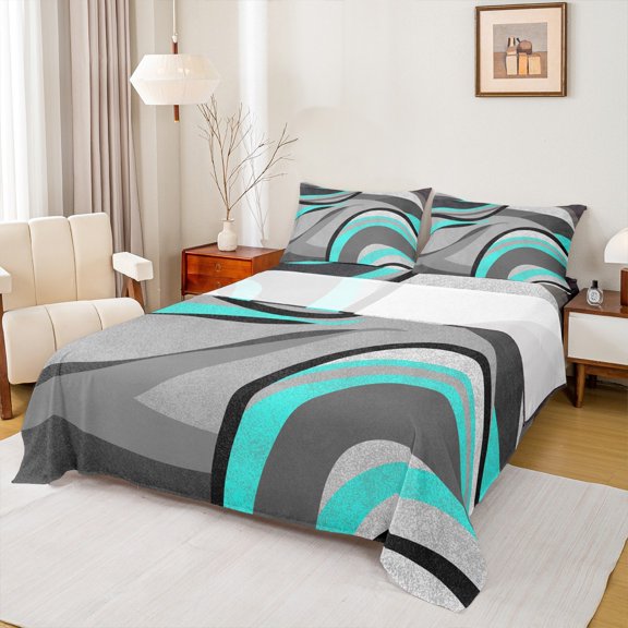 Feelyou Grey Cyan Abstract Ombre Bed Sheets, Square Circle Geometric King Sheets, Teen Kid Child Adult Sheet Set, Lightweight Room Decor, 4-Piece