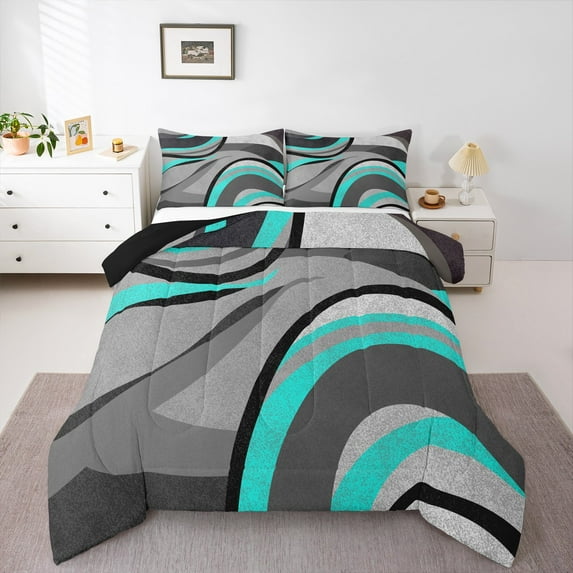 Feelyou Grey Cyan Abstract Ombre Bedding Comforter Set, Square Circle Geometric Twin Comforter Sets, Teen Kid Child Adult Reversible Bedding Set, Lightweight Room Decor, 2-Piece