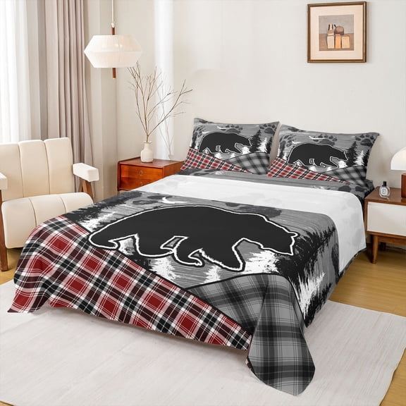 Feelyou Grey Farmhouse Twin Sheet Sets, Woodland Wildlife Bear Twin Fitted Sheet, Rustic Hunting Theme Flat Sheet, Microfiber Bedroom Decor, 3pcs