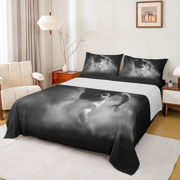 Feelyou Grey Football Bed Sheets for Boys, Rugby Player Sport Full Size Sheets, 4 Pieces, 1 Flat Sheet, 1 Fitted Sheet and 2 Pillowcases