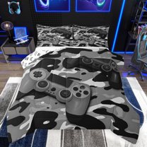 Feelyou Grey Game Controller Bedding Comforter Set, Fashion Camo Abstract Twin Comforter Sets, Cartoon Gamepad Theme Reversible Bedding Set, Ultra Soft Bedroom Decor, 2-Piece