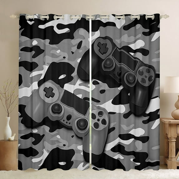Feelyou Grey Game Controller Black Out Curtains, Fashion Camo Abstract Curtains Pack of 2 (42x63 Each), Cartoon Gamepad Theme Bedroom Curtains, Living Room Curtains Decor