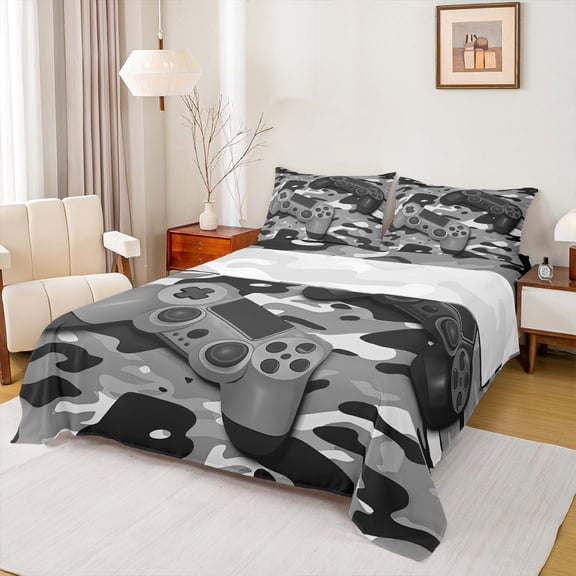 Feelyou Grey Game Controller Twin Sheet Sets, Fashion Camo Abstract Twin Fitted Sheet, Cartoon Gamepad Theme Flat Sheet, Ultra Soft Bedroom Decor, 3-Piece