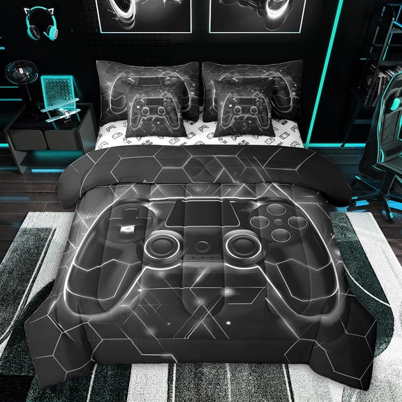 Feelyou Grey Games Controller Twin Bedding Sets 7-Piece, Abstract Stripes Bedding Comforter Set, Teens Kids Boys Girls Reversible Sheet Sets, Microfiber Bedroom Decor