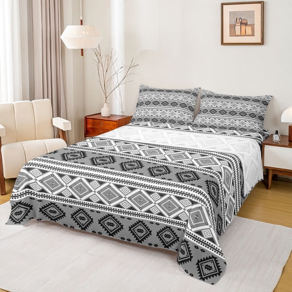 Feelyou Grey Hippie Aztec Bed Sheets for Women, Retro Triangle Abstract King Sheets, Western Bohemian Style Sheet Set, Lightweight Room Decor, 4 Pieces