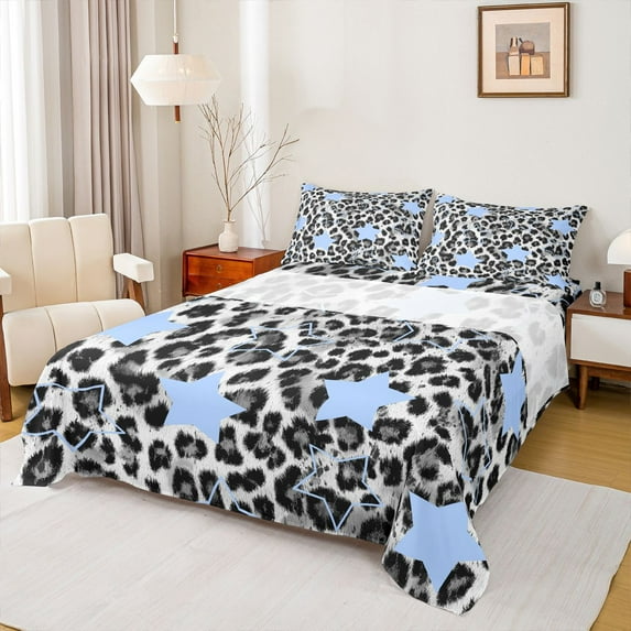 Feelyou Grey Leopard Print Bed Sheets, Retro Western Stars King Sheets, 4-Piece