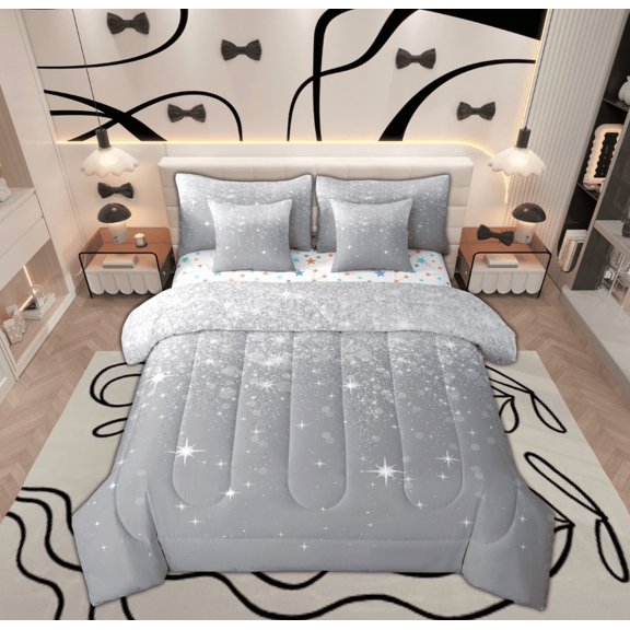 Feelyou Grey Mystic Galaxy Bedding Comforter Set 7-Piece, Fashion Sequin Print King Bedding Sets, Bling Cartoon Stars Reversible Bed Sheets, Microfiber Bedroom Decor