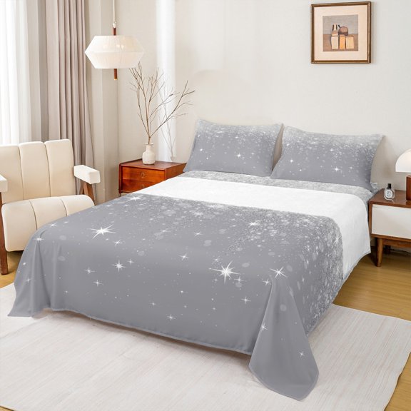 Feelyou Grey Mystic Galaxy Queen Sheet Sets, Fashion Sequin Print Flat Sheet, Bling Cartoon Stars Queen Fitted Sheet, Microfiber Bedroom Decor, 4pcs
