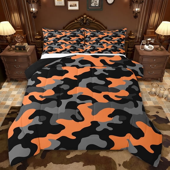 Feelyou Grey Orange Camouflage Full Size Comforter Sets, Camo Abstract Bedding Sets, 3pcs