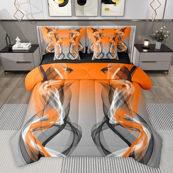 Feelyou Grey Orange Striped Bedding Comforter Set 7pcs, Fashion Abstract Stripes King Bedding Sets, Contemporary Lines Reversible Bed Sheets, Microfiber Bedroom Decor