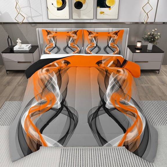 Feelyou Grey Orange Striped Queen Comforter Set, Fashion Abstract Stripes Bedding Sets, Contemporary Lines Reversible Bedding Comforter Set, Microfiber Bedroom Decor, 3-Piece