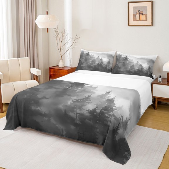 Feelyou Grey Pine Tree Bed Sheets, Rustic Farmhouse Nature King Sheets, 4pcs
