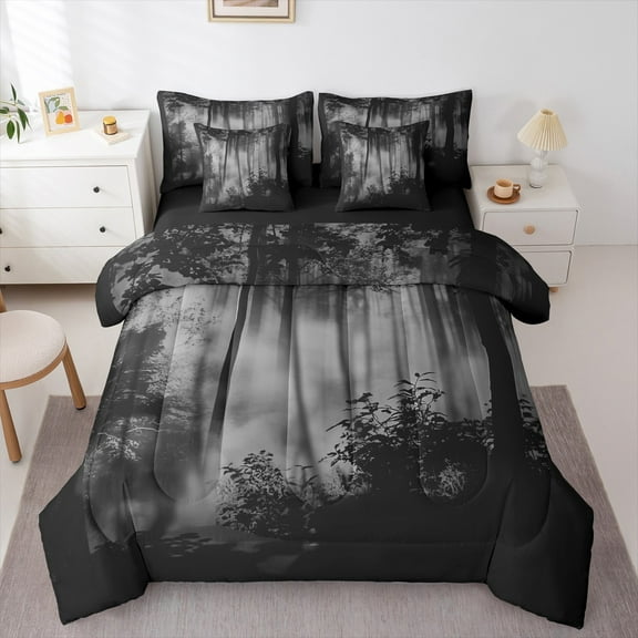 Feelyou Grey Pine Tree Bedding Comforter Set 7-Piece, Jungle Plant Botanical King Bedding Sets, Nature Scenery Print Reversible Bed Sheets, Super Cozy Room Decor