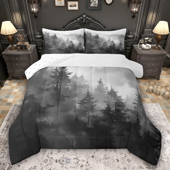 Feelyou Grey Pine Tree Full Size Comforter Sets, Rustic Nature Bedding Sets, 3pcs