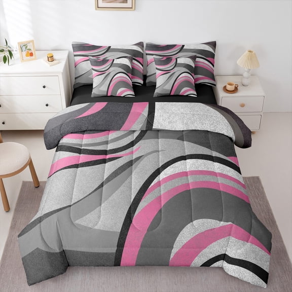 Feelyou Grey Pink Abstract Ombre Bedding Comforter Set 7-Piece, Square Circle Geometric King Bedding Sets, Teen Kid Child Adult Reversible Bed Sheets, Super Cozy Room Decor